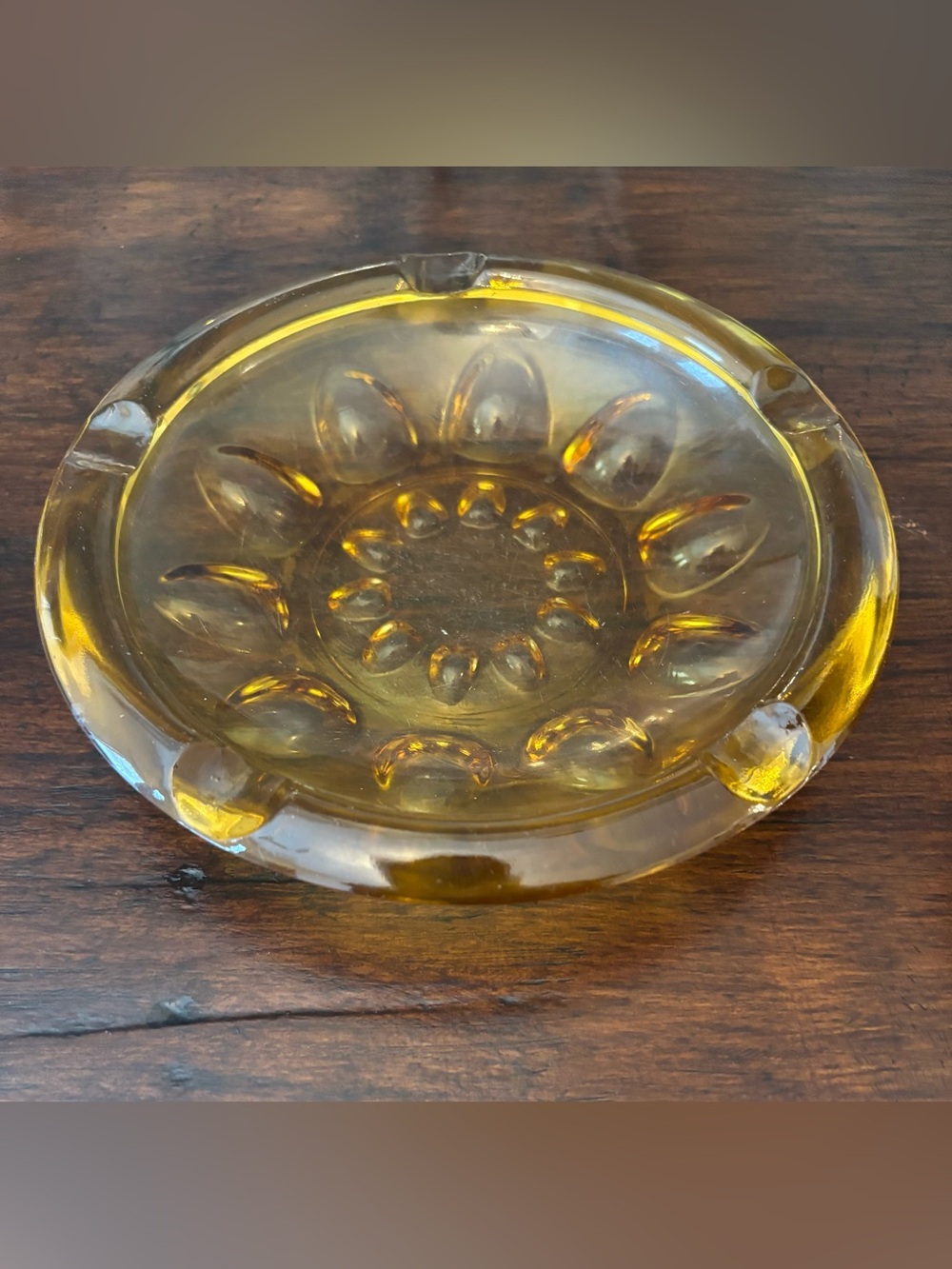 Vintage Amber Glass Ashtray 6.5” Inch Bubble Starburst Pattern